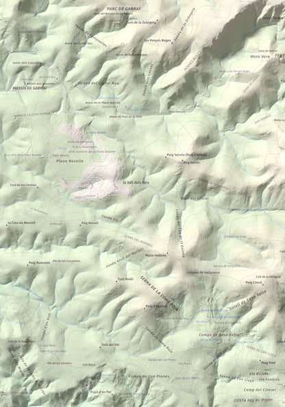 Mapa topográfico del relieve: les Solius, 533 m. Detalle de la zona inferior izquierda. 70 × 100 cm.