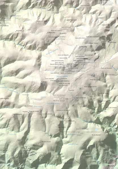 Mapa topográfico del relieve: les Solius, 533 m. Detalle de la zona inferior derecha. 70 × 100 cm.