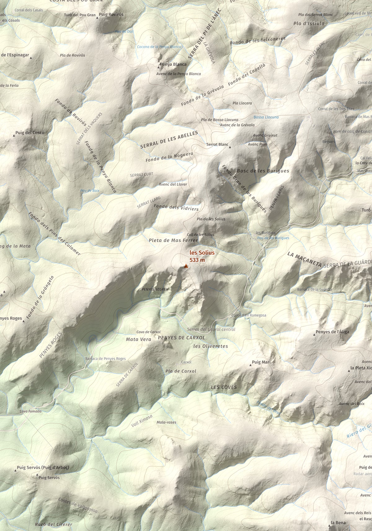 Mapa topográfico del relieve: les Solius, 533 m. Detalle de la zona central. 70 × 100 cm.