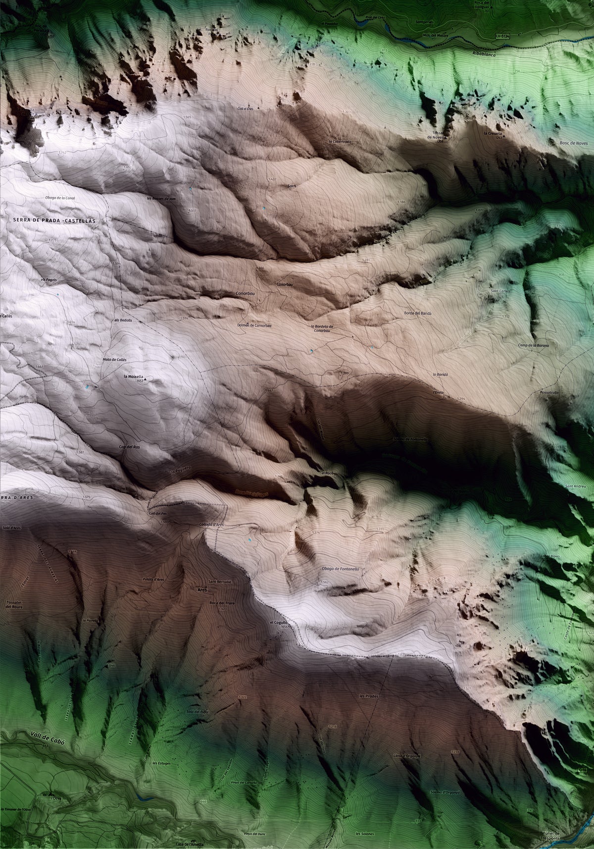 Mapa artístico del relieve de les Valls d'Aguilar, al Alt Urgell, con 15 km de entorno y base topográfica ICGC. Detalle de la zona inferior izquierda.