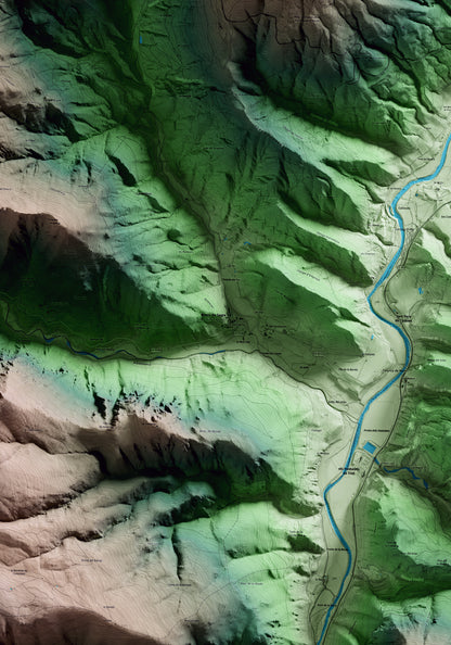 Mapa artístico del relieve de les Valls d'Aguilar, al Alt Urgell, con 15 km de entorno y base topográfica ICGC. Detalle de la zona central.
