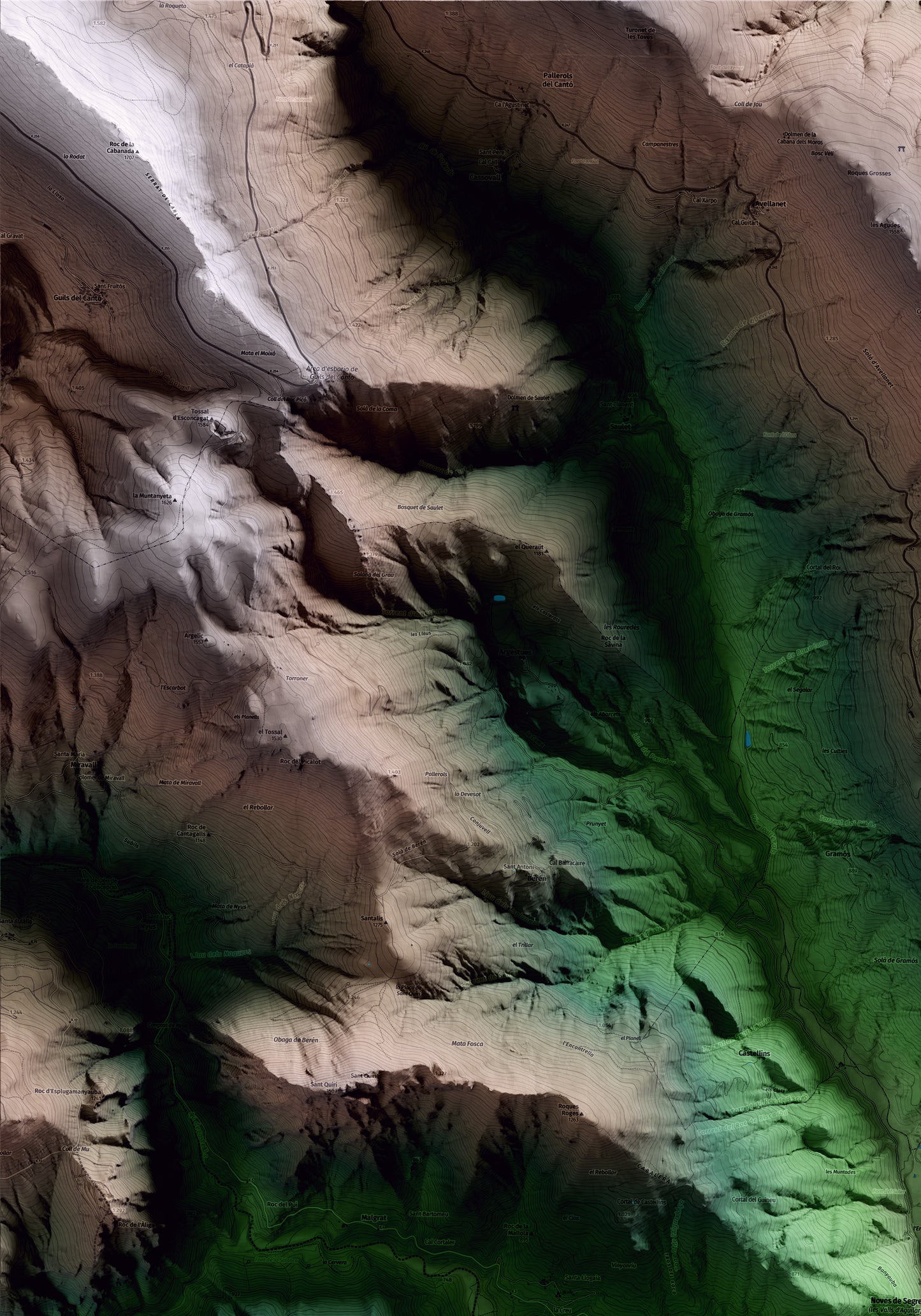 Mapa artístico del relieve de les Valls d'Aguilar, al Alt Urgell, con 15 km de entorno y base topográfica ICGC. Detalle de la zona superior izquierda.