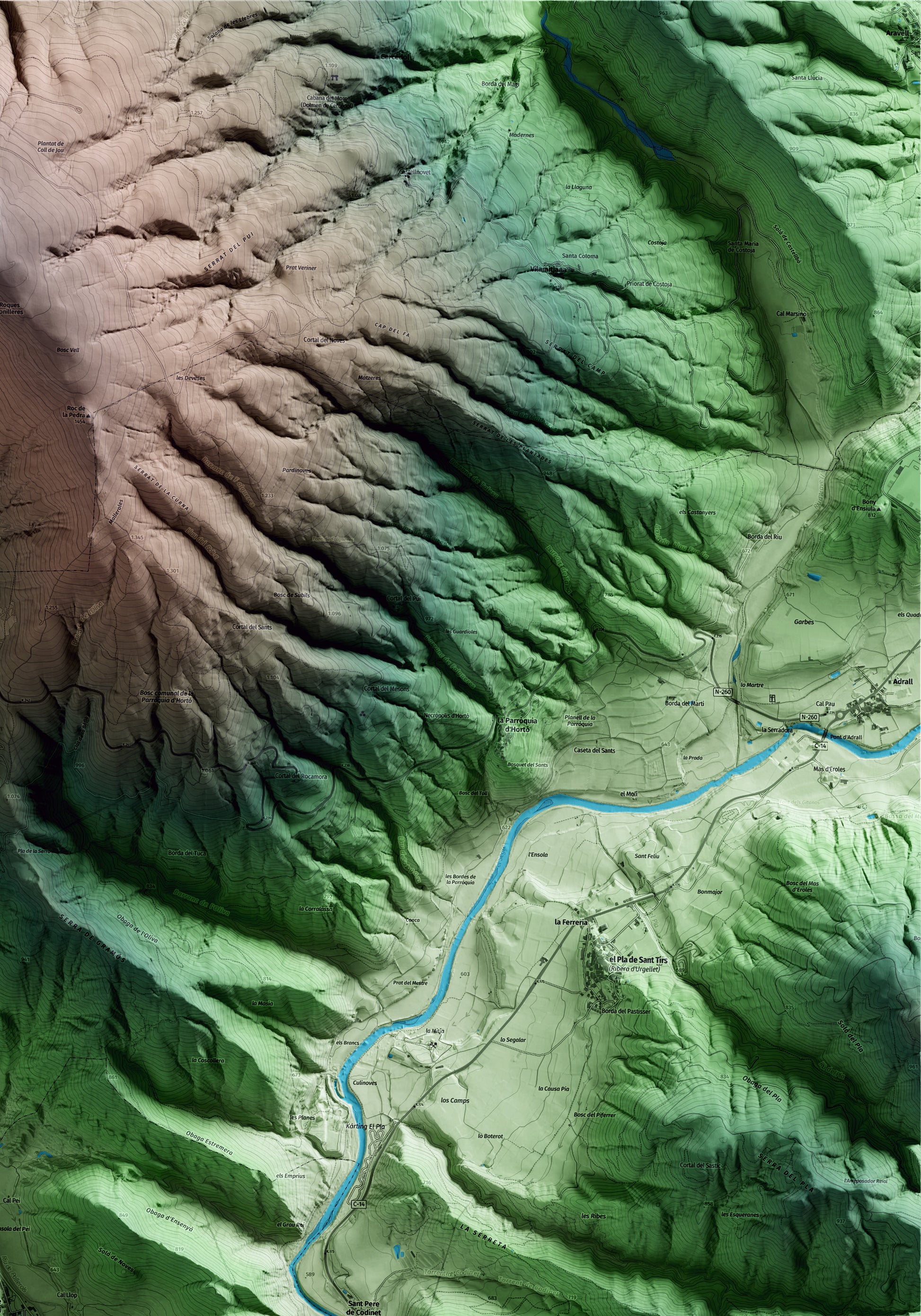 Mapa artístico del relieve de les Valls d'Aguilar, al Alt Urgell, con 15 km de entorno y base topográfica ICGC. Detalle de la zona superior derecha.