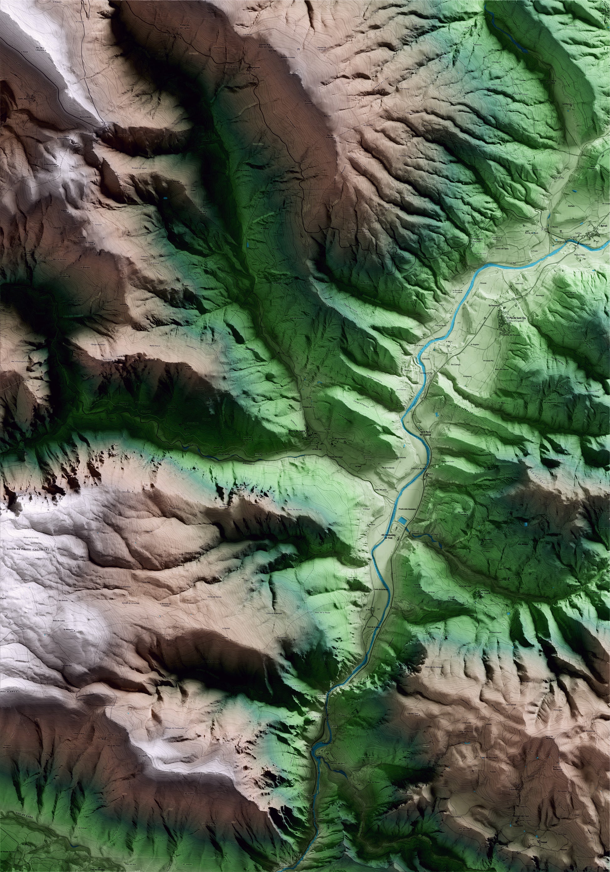 Mapa artístico del relieve de les Valls d'Aguilar, al Alt Urgell, con 15 km de entorno y base topográfica ICGC