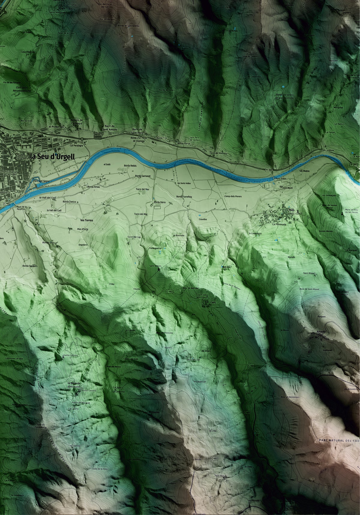 Mapa artístico del relieve de les Valls de Valira, al Alt Urgell, con 15 km de entorno y base topográfica ICGC. Detalle de la zona inferior derecha.
