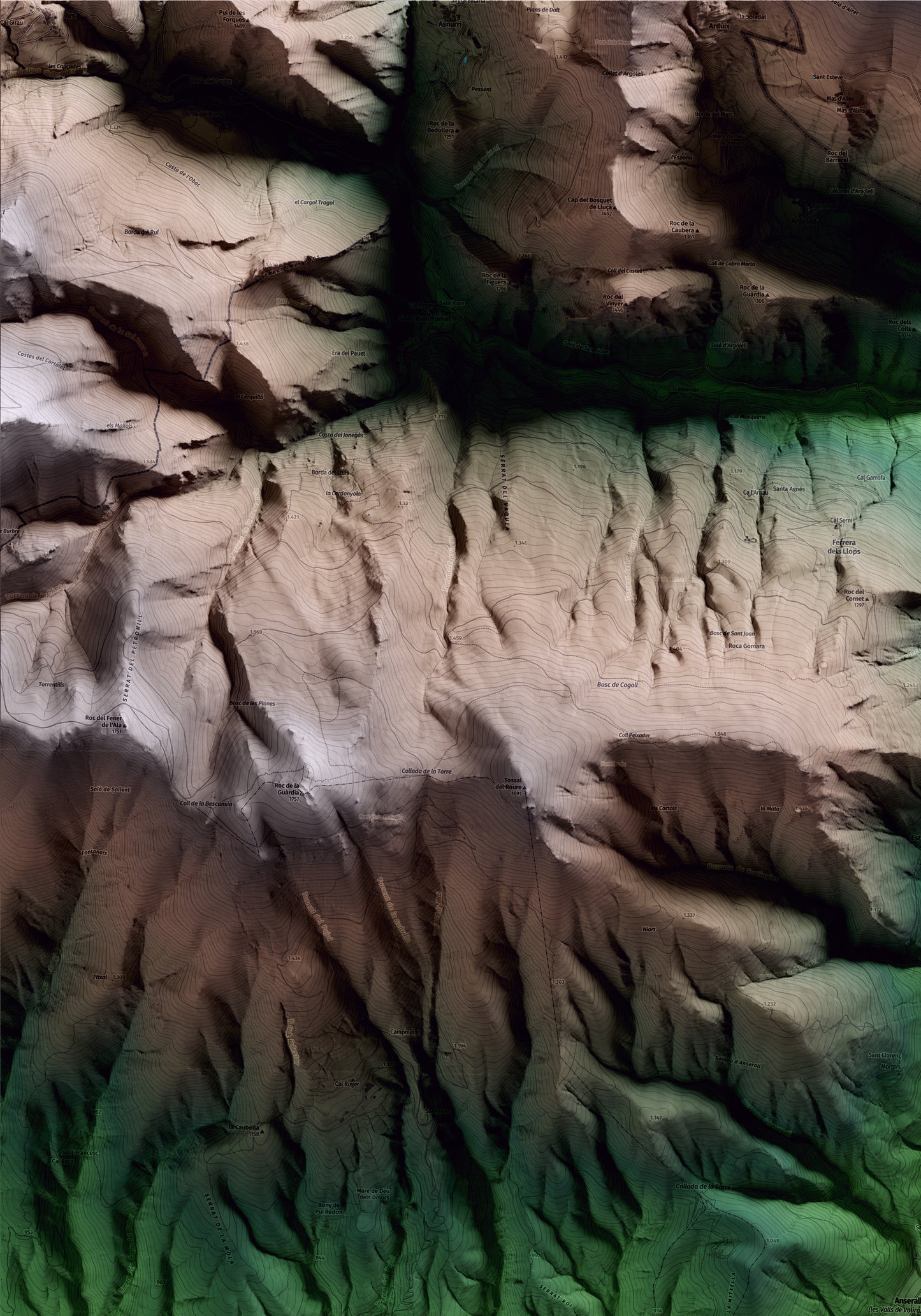 Mapa artístico del relieve de les Valls de Valira, al Alt Urgell, con 15 km de entorno y base topográfica ICGC. Detalle de la zona superior izquierda.