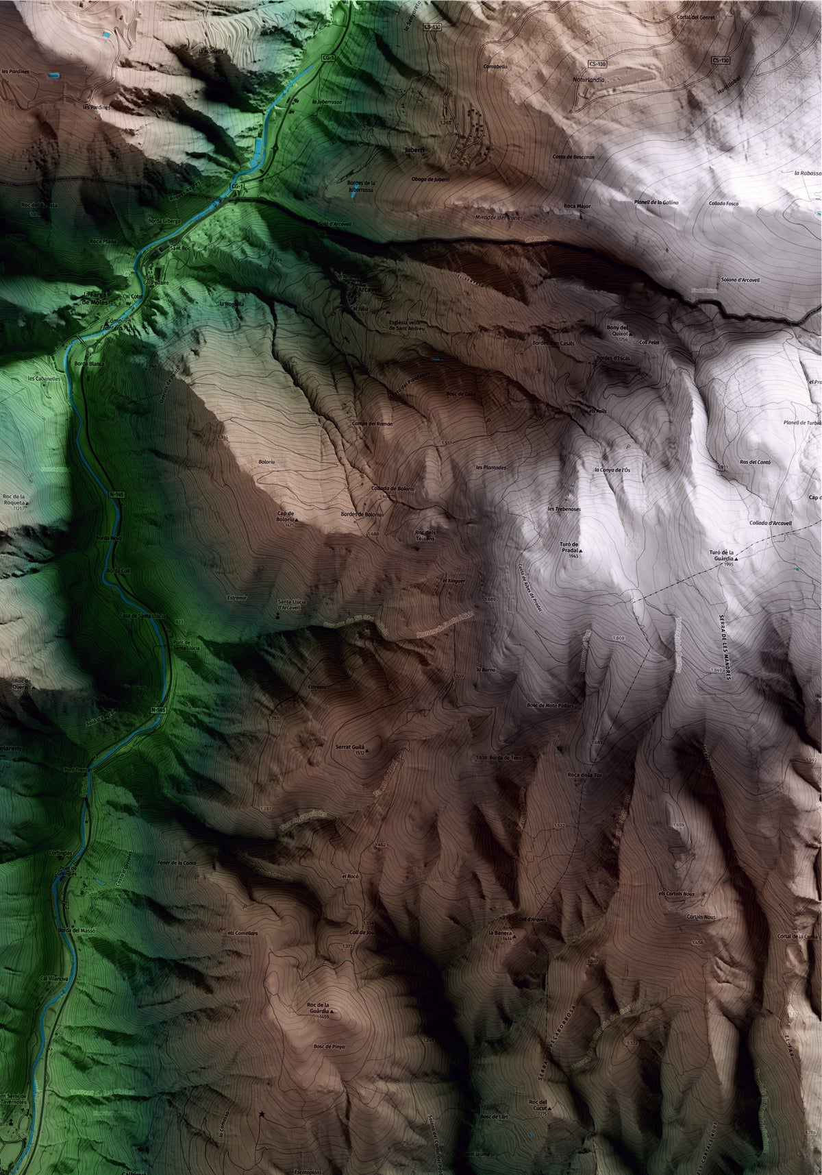 Mapa artístico del relieve de les Valls de Valira, al Alt Urgell, con 15 km de entorno y base topográfica ICGC. Detalle de la zona superior derecha.