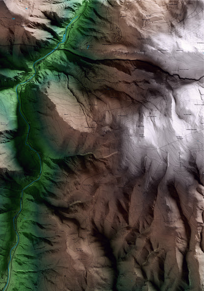 Mapa artístico del relieve de les Valls de Valira, al Alt Urgell, con 15 km de entorno y base topográfica ICGC. Detalle de la zona superior derecha.