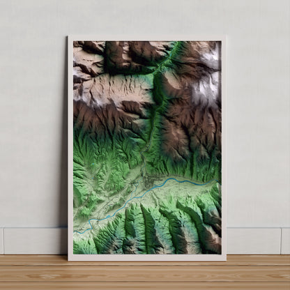 Mapa artístico del relieve de les Valls de Valira, al Alt Urgell, con 15 km de entorno y base topográfica ICGC. Presentación enmarcada.