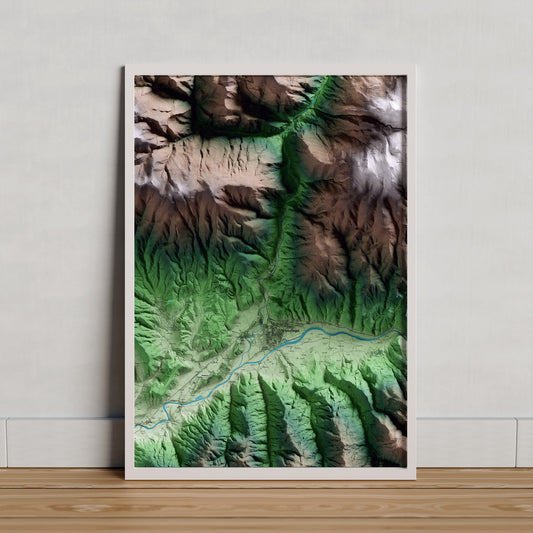 Mapa artístico del relieve de les Valls de Valira, al Alt Urgell, con 15 km de entorno y base topográfica ICGC. Presentación enmarcada.