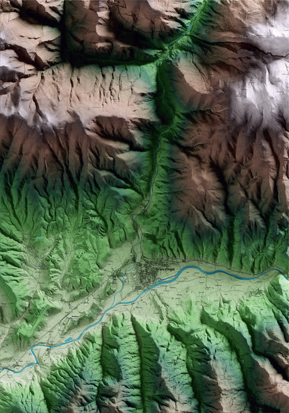 Mapa artístico del relieve de les Valls de Valira, al Alt Urgell, con 15 km de entorno y base topográfica ICGC
