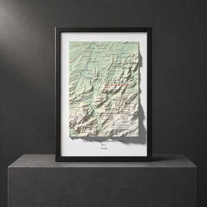 Mapa de relieve de lo Blau (Roca Grossa Moletans), 841 m, Terra Alta, lámina 100 Cims de Trobart. Presentación enmarcada. 21 × 30 cm.