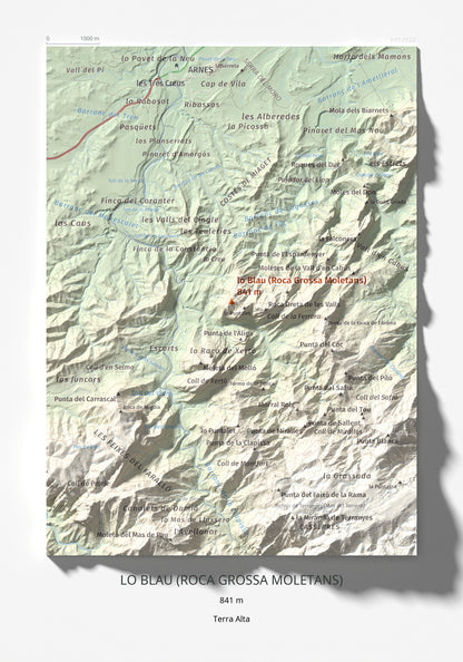 Mapa de relieve de lo Blau (Roca Grossa Moletans), 841 m, Terra Alta, lámina 100 Cims de Trobart 21 × 30 cm.