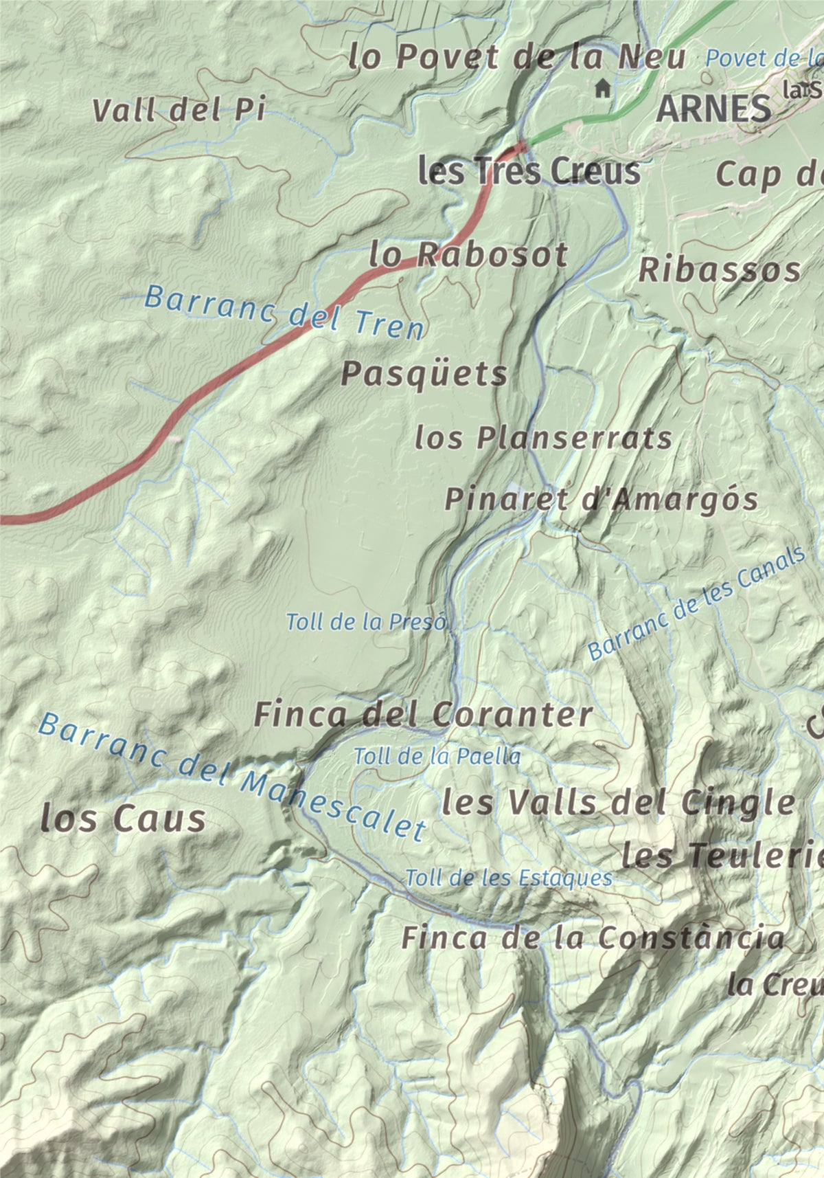 Mapa de relieve de lo Blau (Roca Grossa Moletans), 841 m, Terra Alta, lámina 100 Cims de Trobart. Detalle de la zona superior izquierda. 21 × 30 cm.