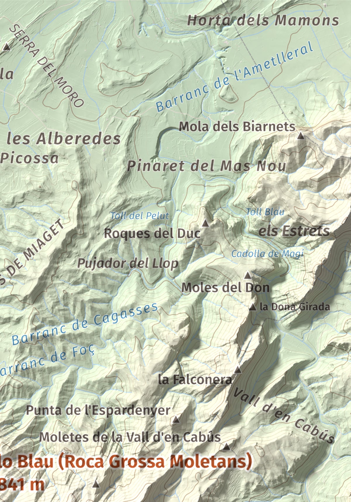 Mapa de relieve de lo Blau (Roca Grossa Moletans), 841 m, Terra Alta, lámina 100 Cims de Trobart. Detalle de la zona superior derecha. 21 × 30 cm.