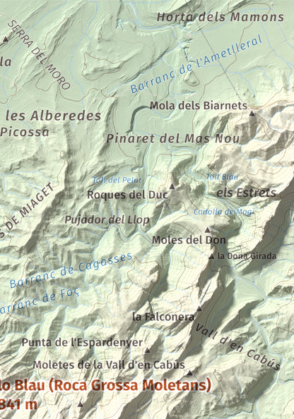 Mapa de relieve de lo Blau (Roca Grossa Moletans), 841 m, Terra Alta, lámina 100 Cims de Trobart. Detalle de la zona superior derecha. 21 × 30 cm.