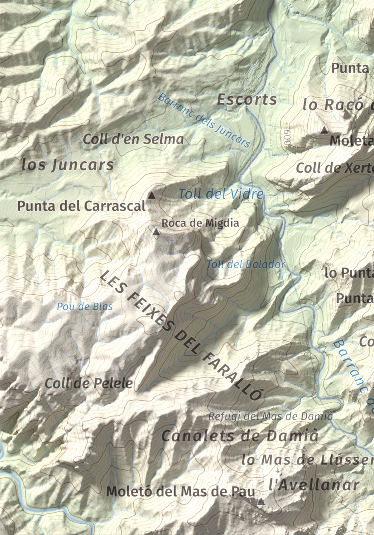 Mapa de relieve de lo Blau (Roca Grossa Moletans), 841 m, Terra Alta, lámina 100 Cims de Trobart. Detalle de la zona inferior izquierda. 21 × 30 cm.