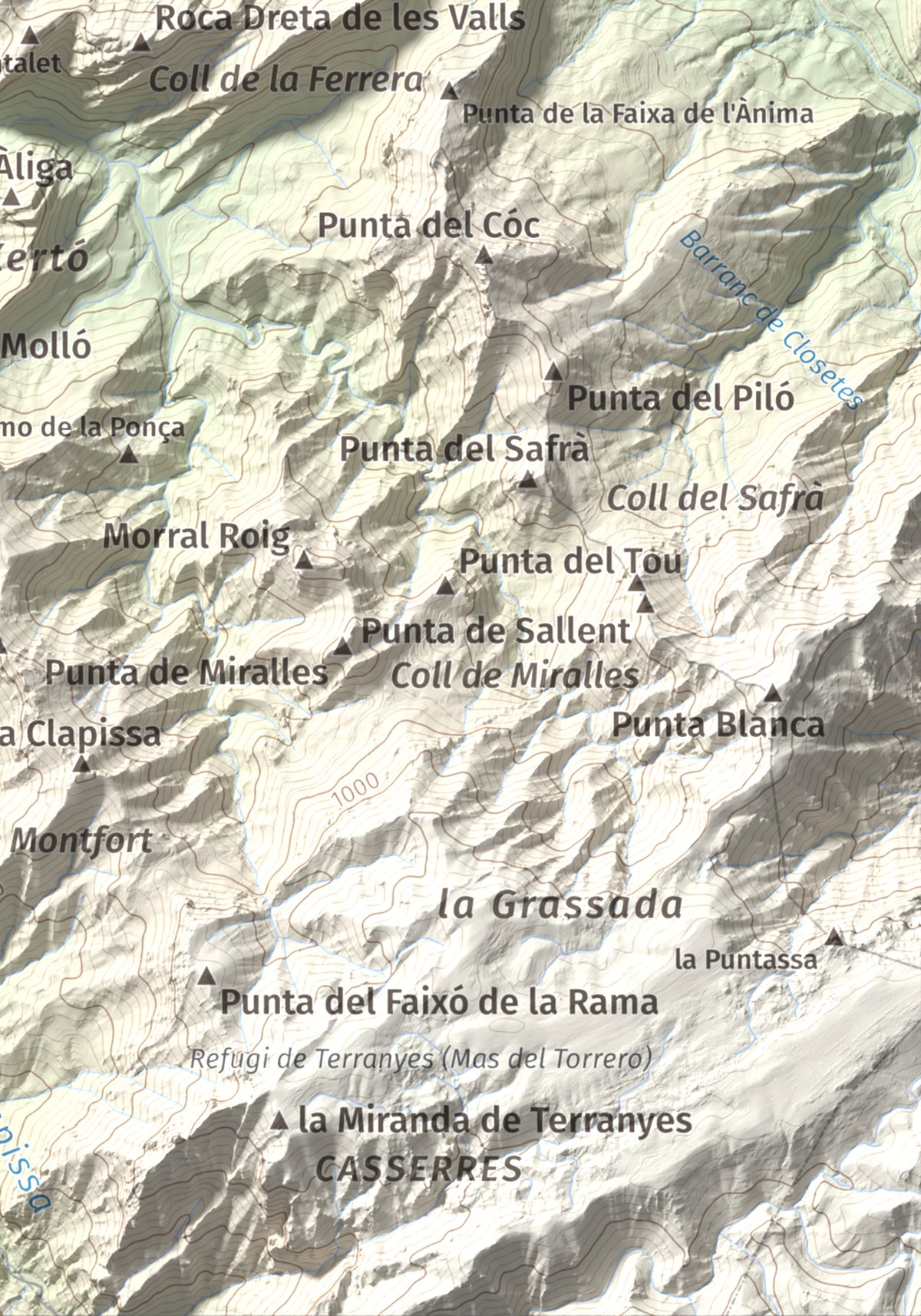 Mapa de relieve de lo Blau (Roca Grossa Moletans), 841 m, Terra Alta, lámina 100 Cims de Trobart. Detalle de la zona inferior derecha. 21 × 30 cm.