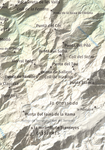 Mapa de relieve de lo Blau (Roca Grossa Moletans), 841 m, Terra Alta, lámina 100 Cims de Trobart. Detalle de la zona inferior derecha. 21 × 30 cm.