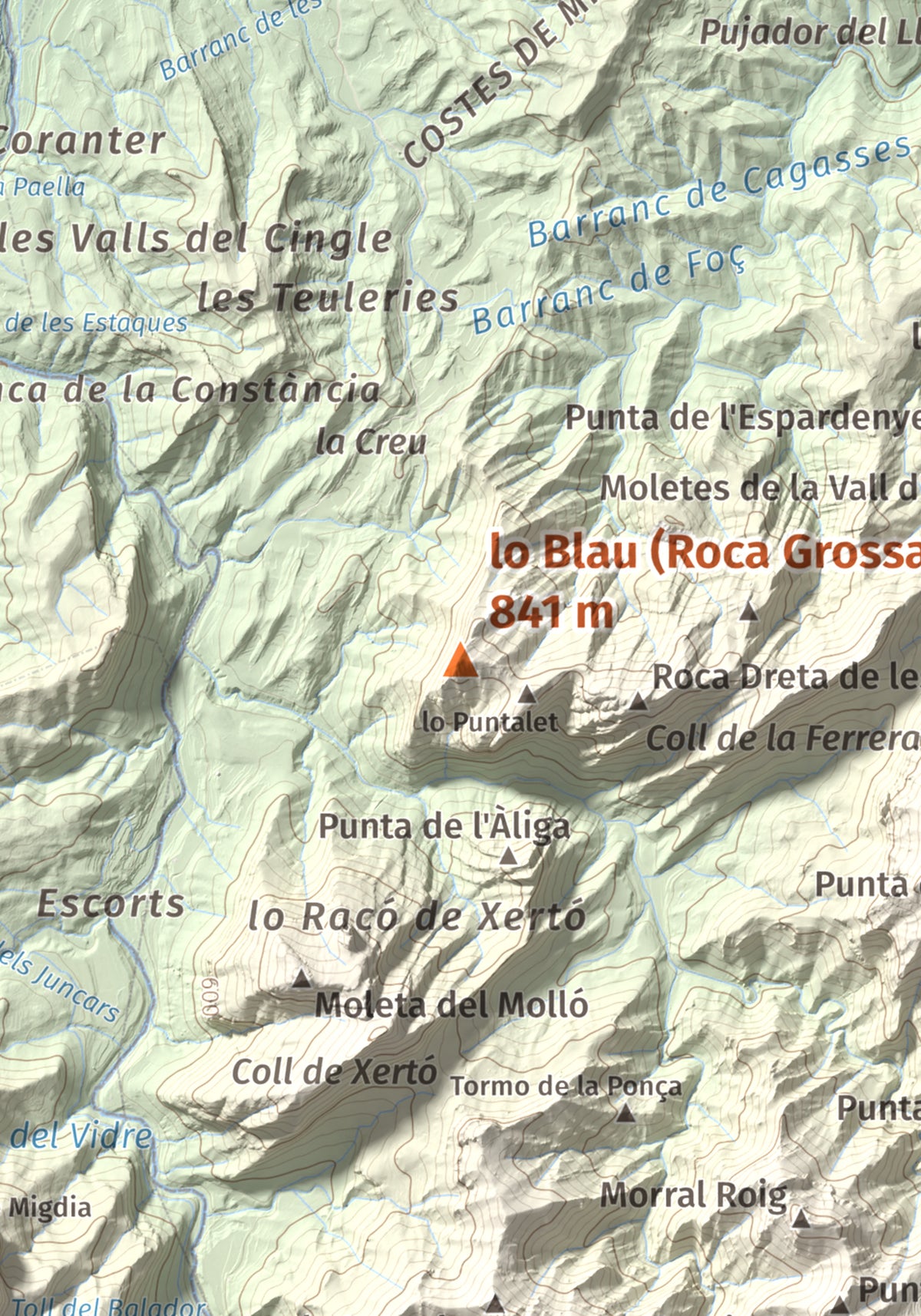 Mapa de relieve de lo Blau (Roca Grossa Moletans), 841 m, Terra Alta, lámina 100 Cims de Trobart. Detalle de la zona central. 21 × 30 cm.
