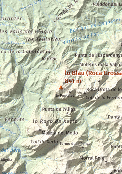 Mapa de relieve de lo Blau (Roca Grossa Moletans), 841 m, Terra Alta, lámina 100 Cims de Trobart. Detalle de la zona central. 21 × 30 cm.