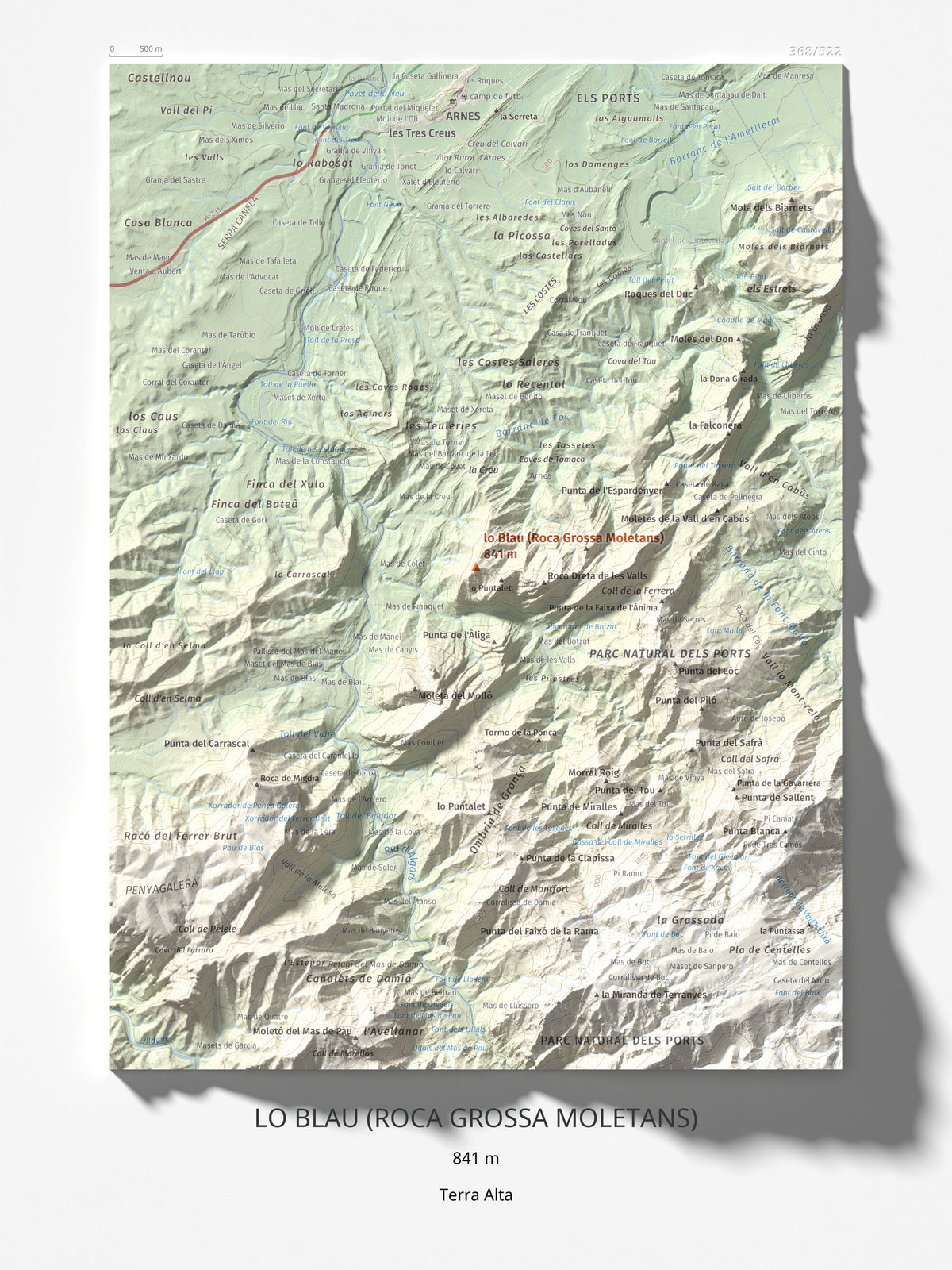 Mapa de relieve de lo Blau (Roca Grossa Moletans), 841 m, Terra Alta, lámina 100 Cims de Trobart 30 × 40 cm.