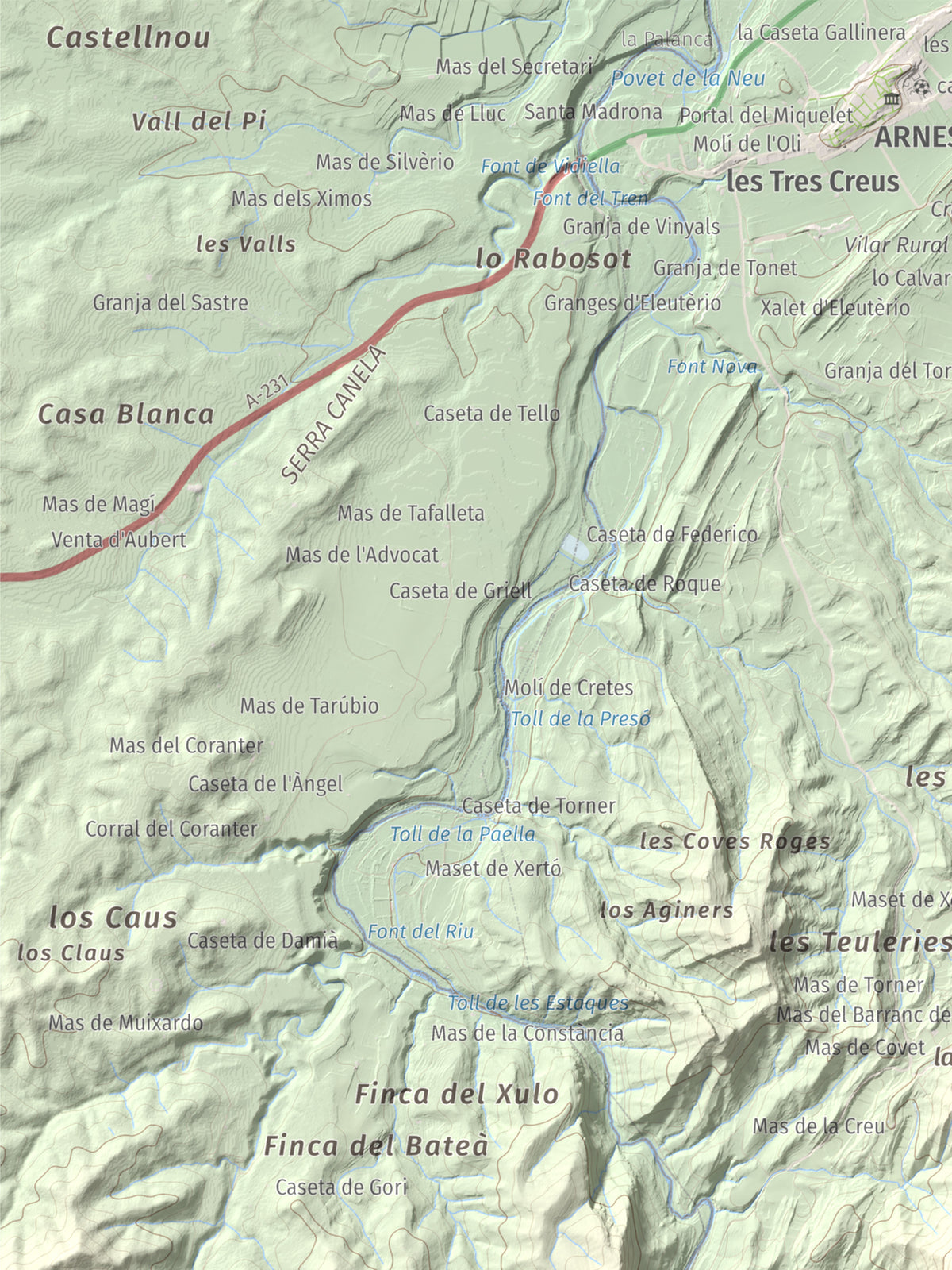 Mapa de relieve de lo Blau (Roca Grossa Moletans), 841 m, Terra Alta, lámina 100 Cims de Trobart. Detalle de la zona superior izquierda. 30 × 40 cm.