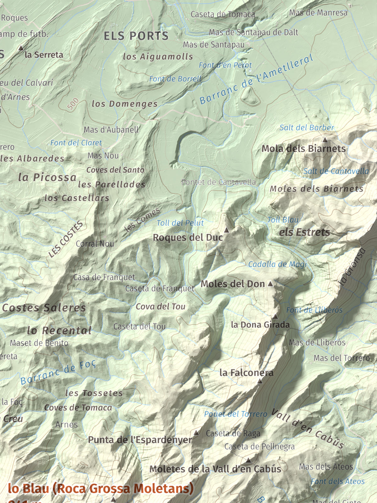 Mapa de relieve de lo Blau (Roca Grossa Moletans), 841 m, Terra Alta, lámina 100 Cims de Trobart. Detalle de la zona superior derecha. 30 × 40 cm.
