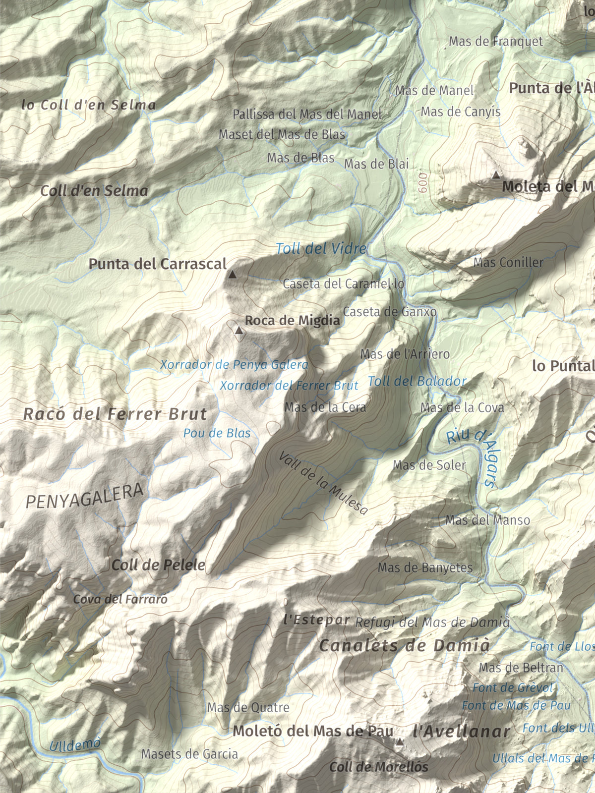 Mapa de relieve de lo Blau (Roca Grossa Moletans), 841 m, Terra Alta, lámina 100 Cims de Trobart. Detalle de la zona inferior izquierda. 30 × 40 cm.