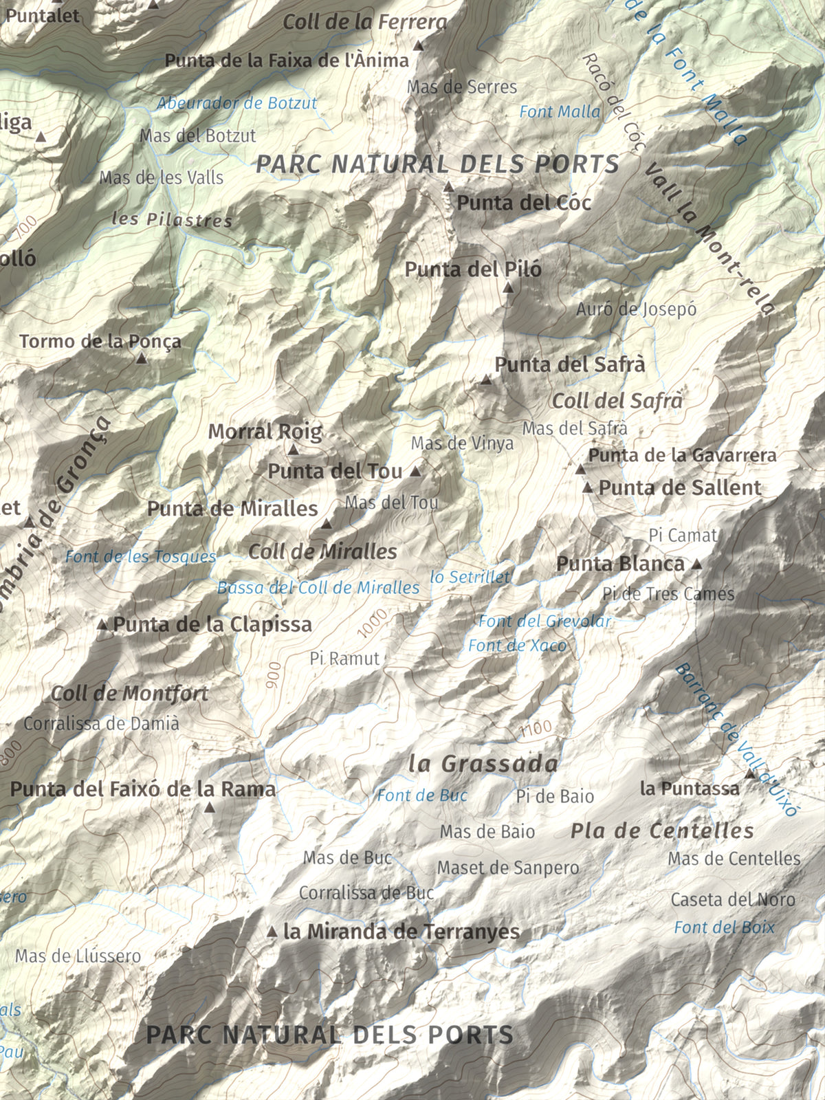 Mapa de relieve de lo Blau (Roca Grossa Moletans), 841 m, Terra Alta, lámina 100 Cims de Trobart. Detalle de la zona inferior derecha. 30 × 40 cm.