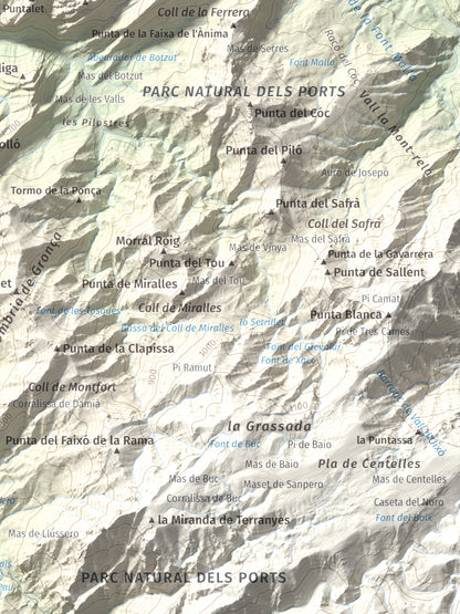 Mapa de relieve de lo Blau (Roca Grossa Moletans), 841 m, Terra Alta, lámina 100 Cims de Trobart. Detalle de la zona inferior derecha. 30 × 40 cm.
