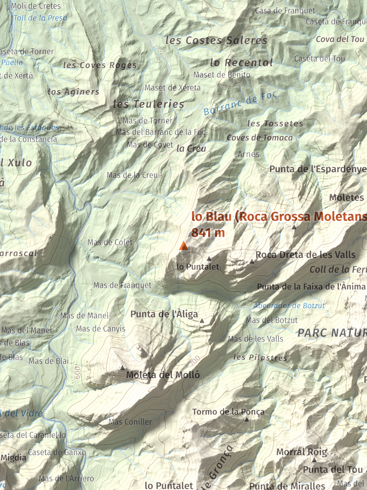 Mapa de relieve de lo Blau (Roca Grossa Moletans), 841 m, Terra Alta, lámina 100 Cims de Trobart. Detalle de la zona central. 30 × 40 cm.