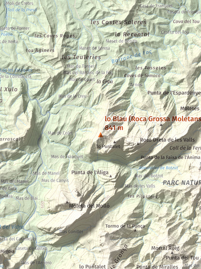 Mapa de relieve de lo Blau (Roca Grossa Moletans), 841 m, Terra Alta, lámina 100 Cims de Trobart. Detalle de la zona central. 30 × 40 cm.