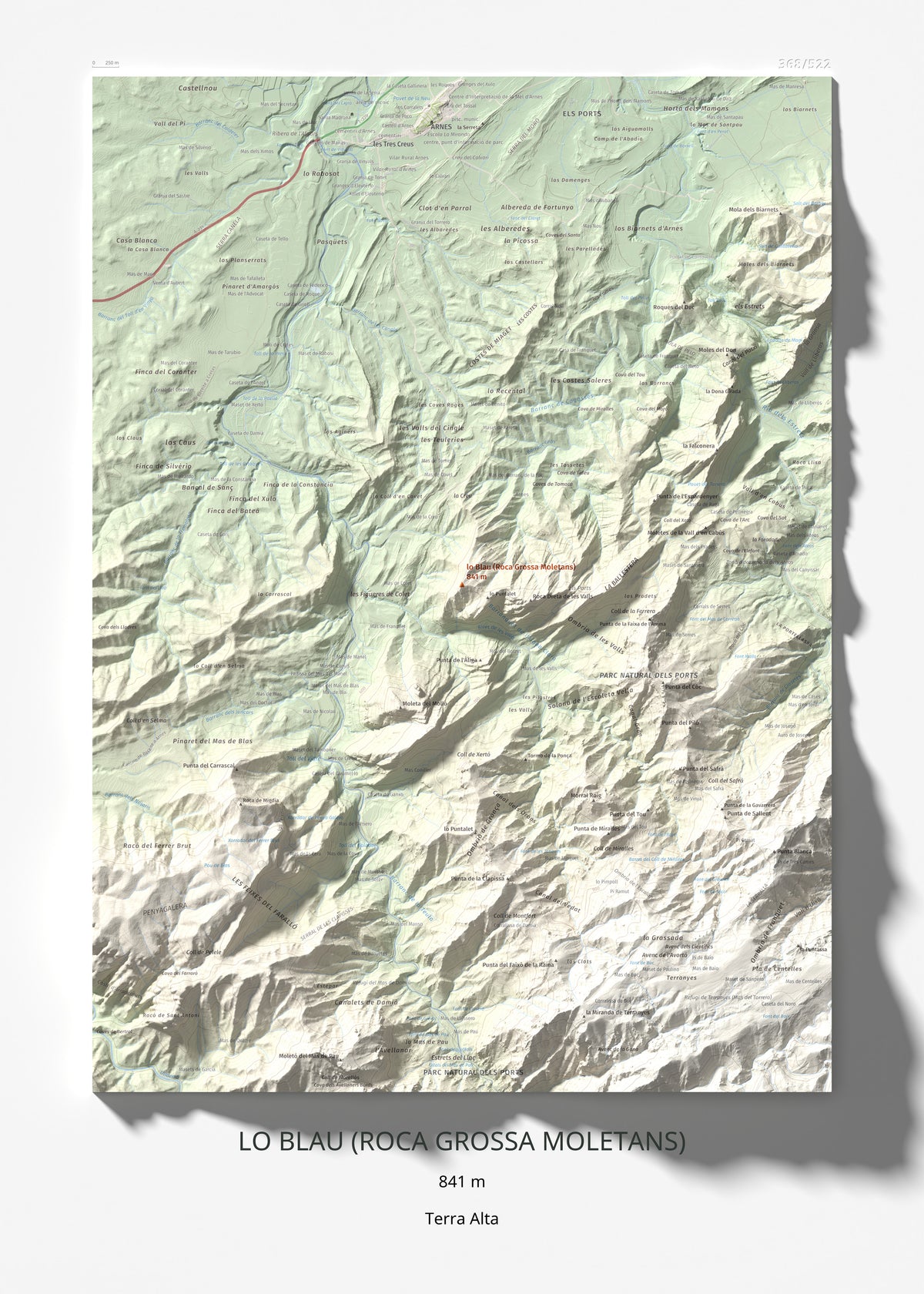 Mapa de relieve de lo Blau (Roca Grossa Moletans), 841 m, Terra Alta, lámina 100 Cims de Trobart 50 × 70 cm.