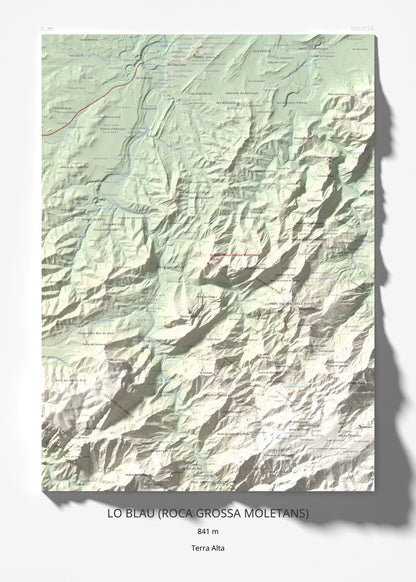 Mapa de relieve de lo Blau (Roca Grossa Moletans), 841 m, Terra Alta, lámina 100 Cims de Trobart 50 × 70 cm.