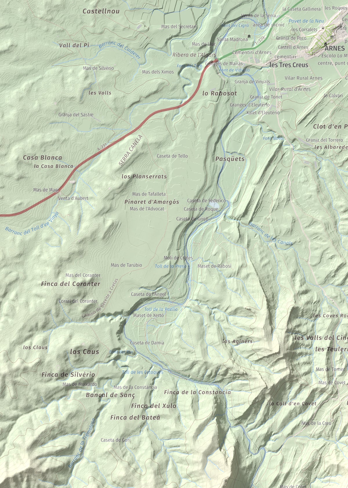 Mapa de relieve de lo Blau (Roca Grossa Moletans), 841 m, Terra Alta, lámina 100 Cims de Trobart. Detalle de la zona superior izquierda. 50 × 70 cm.