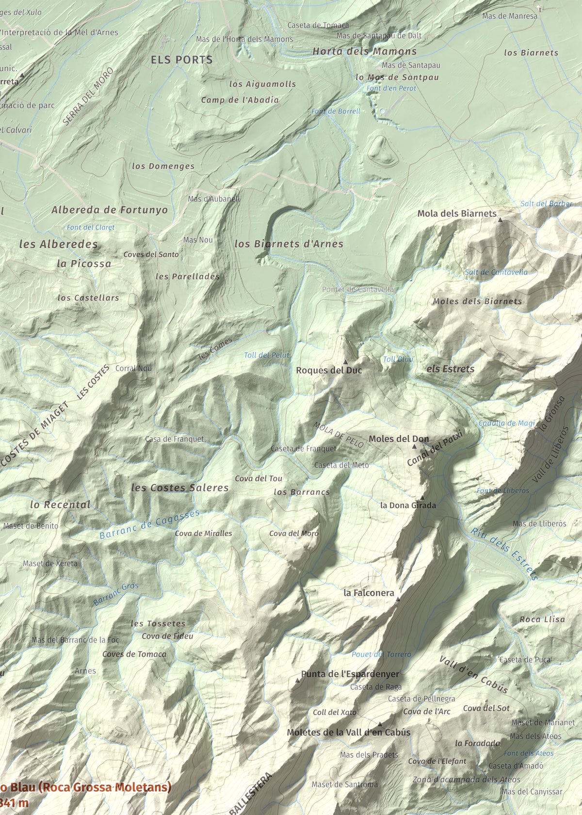 Mapa de relieve de lo Blau (Roca Grossa Moletans), 841 m, Terra Alta, lámina 100 Cims de Trobart. Detalle de la zona superior derecha. 50 × 70 cm.