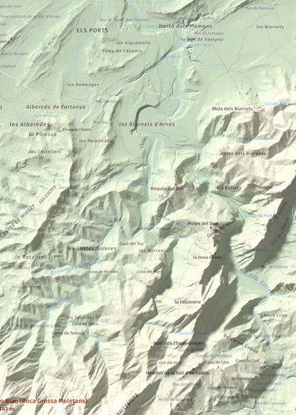 Mapa de relieve de lo Blau (Roca Grossa Moletans), 841 m, Terra Alta, lámina 100 Cims de Trobart. Detalle de la zona superior derecha. 50 × 70 cm.