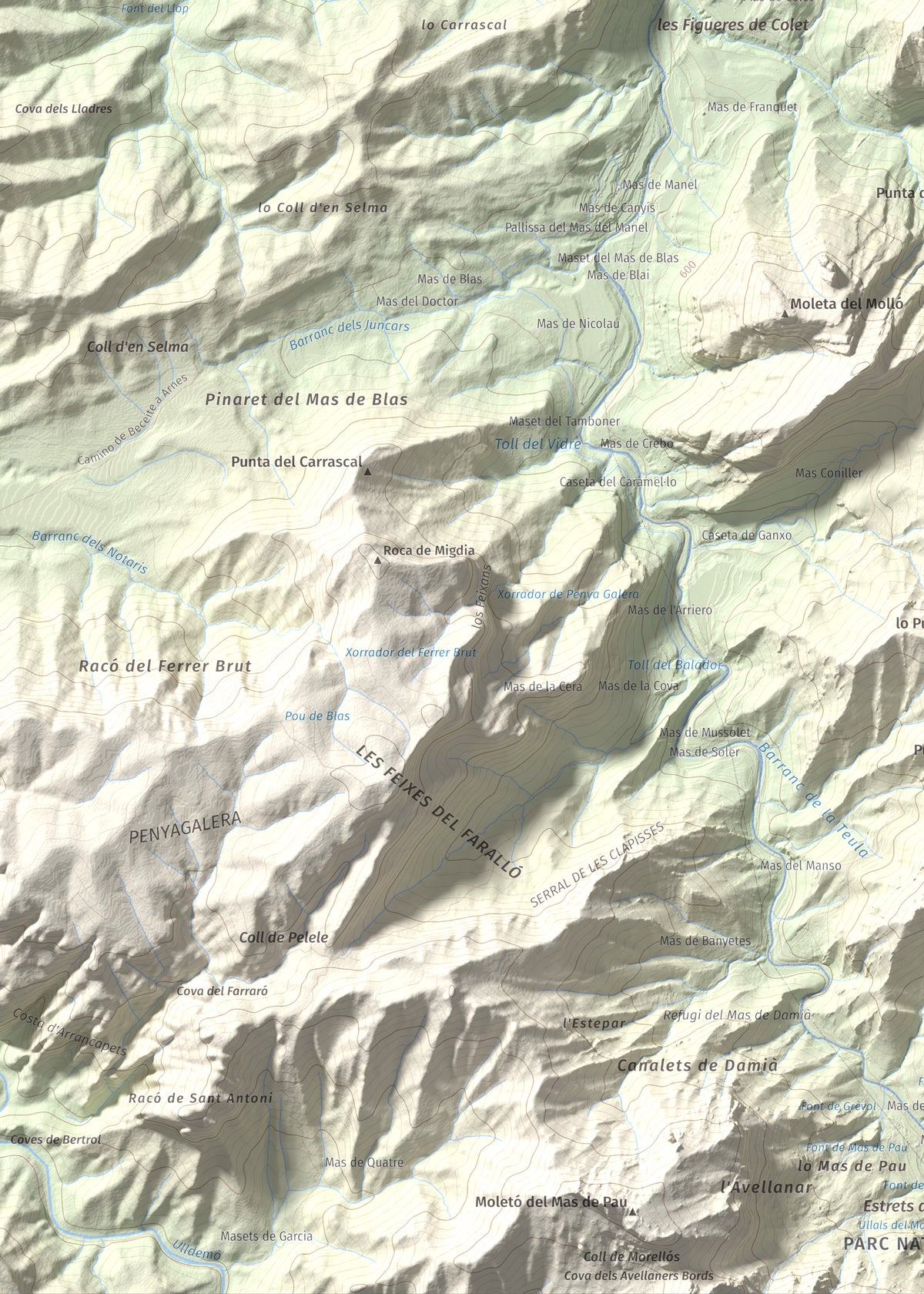 Mapa de relieve de lo Blau (Roca Grossa Moletans), 841 m, Terra Alta, lámina 100 Cims de Trobart. Detalle de la zona inferior izquierda. 50 × 70 cm.
