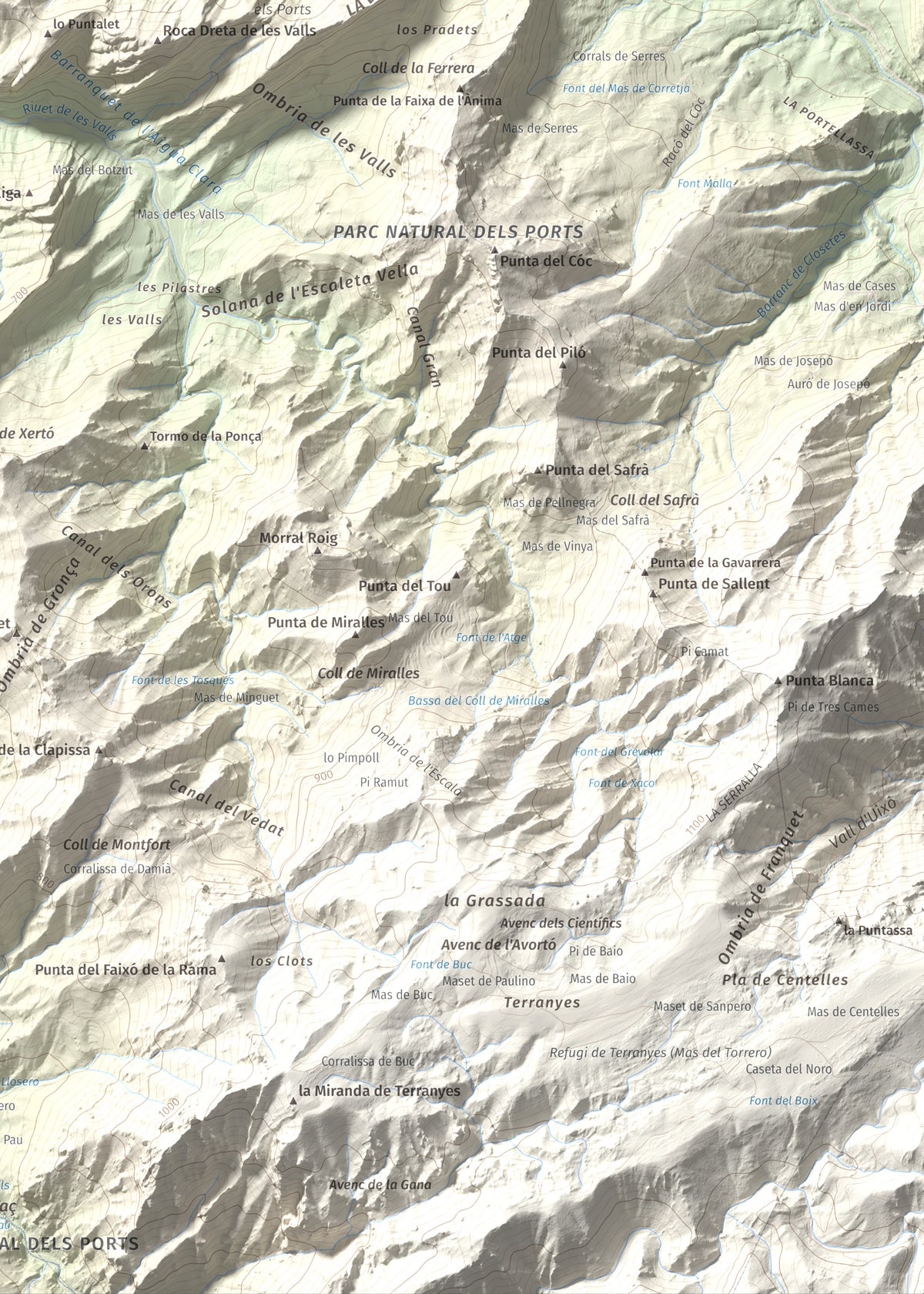 Mapa de relieve de lo Blau (Roca Grossa Moletans), 841 m, Terra Alta, lámina 100 Cims de Trobart. Detalle de la zona inferior derecha. 50 × 70 cm.