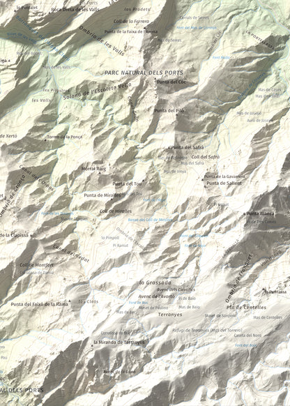 Mapa de relieve de lo Blau (Roca Grossa Moletans), 841 m, Terra Alta, lámina 100 Cims de Trobart. Detalle de la zona inferior derecha. 50 × 70 cm.