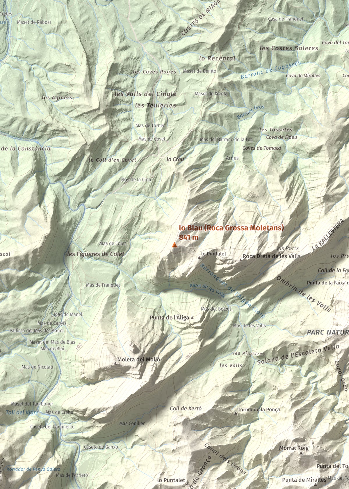 Mapa de relieve de lo Blau (Roca Grossa Moletans), 841 m, Terra Alta, lámina 100 Cims de Trobart. Detalle de la zona central. 50 × 70 cm.