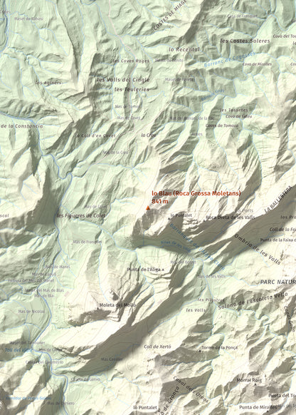 Mapa de relieve de lo Blau (Roca Grossa Moletans), 841 m, Terra Alta, lámina 100 Cims de Trobart. Detalle de la zona central. 50 × 70 cm.