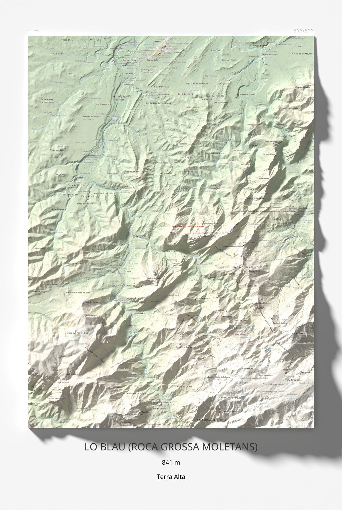 Mapa de relieve de lo Blau (Roca Grossa Moletans), 841 m, Terra Alta, lámina 100 Cims de Trobart 61 × 91 cm.