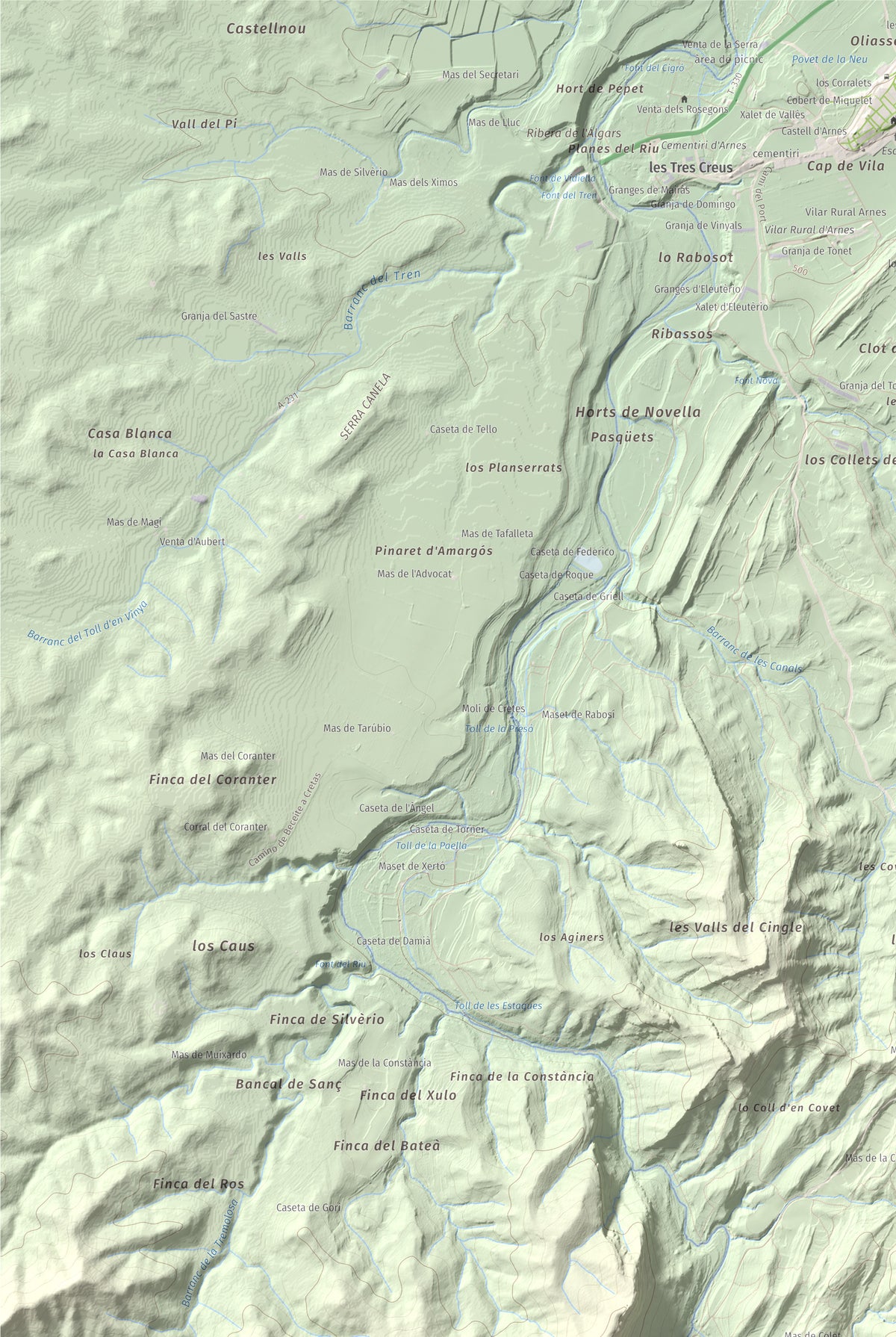 Mapa de relieve de lo Blau (Roca Grossa Moletans), 841 m, Terra Alta, lámina 100 Cims de Trobart. Detalle de la zona superior izquierda. 61 × 91 cm.