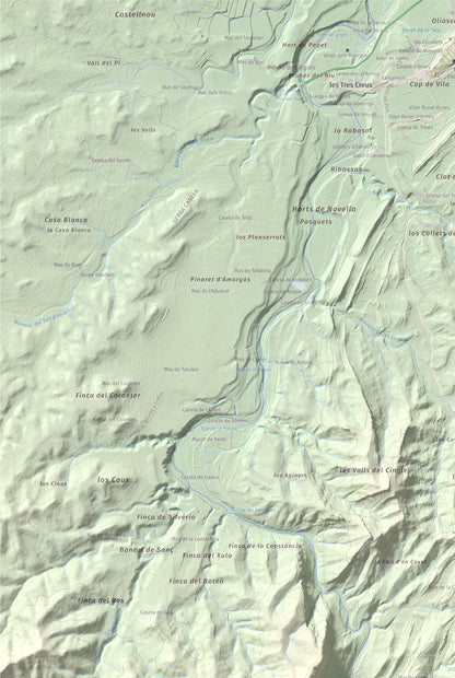 Mapa de relieve de lo Blau (Roca Grossa Moletans), 841 m, Terra Alta, lámina 100 Cims de Trobart. Detalle de la zona superior izquierda. 61 × 91 cm.