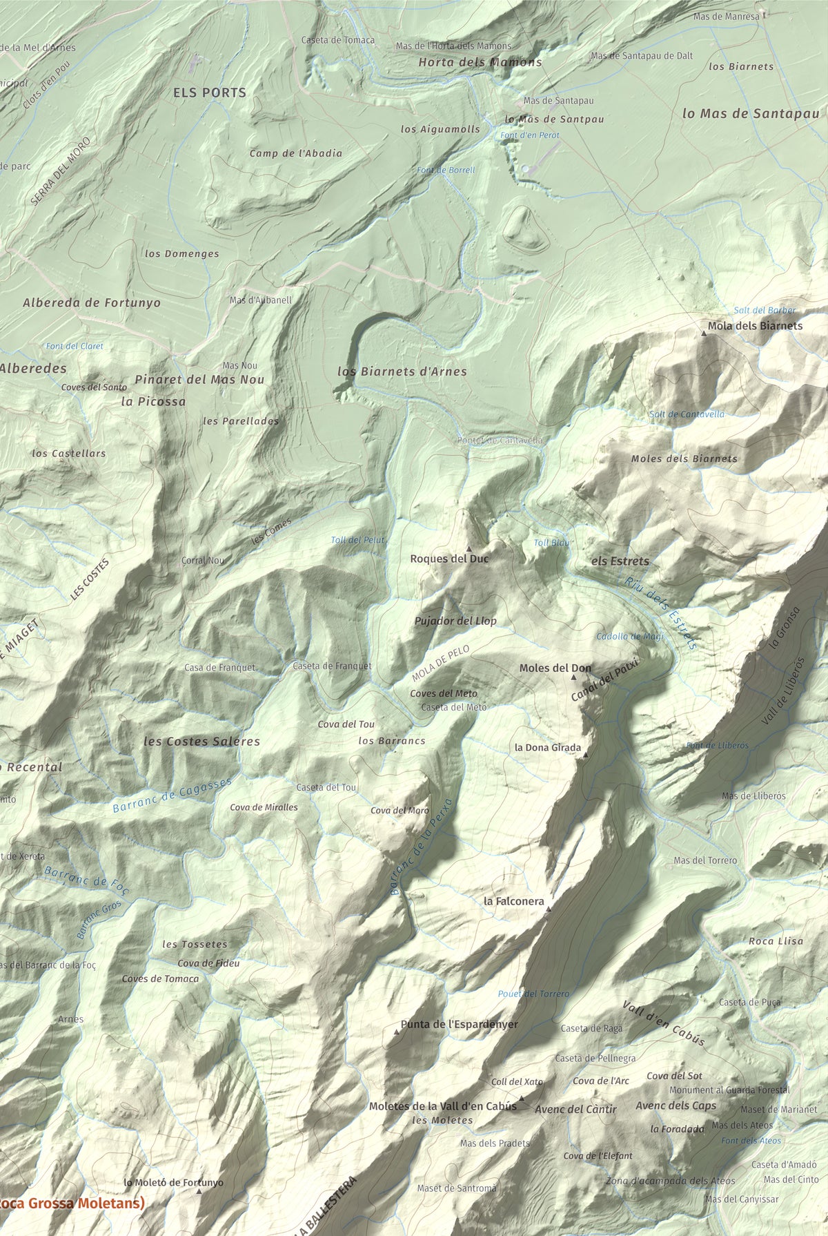 Mapa de relieve de lo Blau (Roca Grossa Moletans), 841 m, Terra Alta, lámina 100 Cims de Trobart. Detalle de la zona superior derecha. 61 × 91 cm.