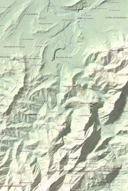 Mapa de relieve de lo Blau (Roca Grossa Moletans), 841 m, Terra Alta, lámina 100 Cims de Trobart. Detalle de la zona superior derecha. 61 × 91 cm.