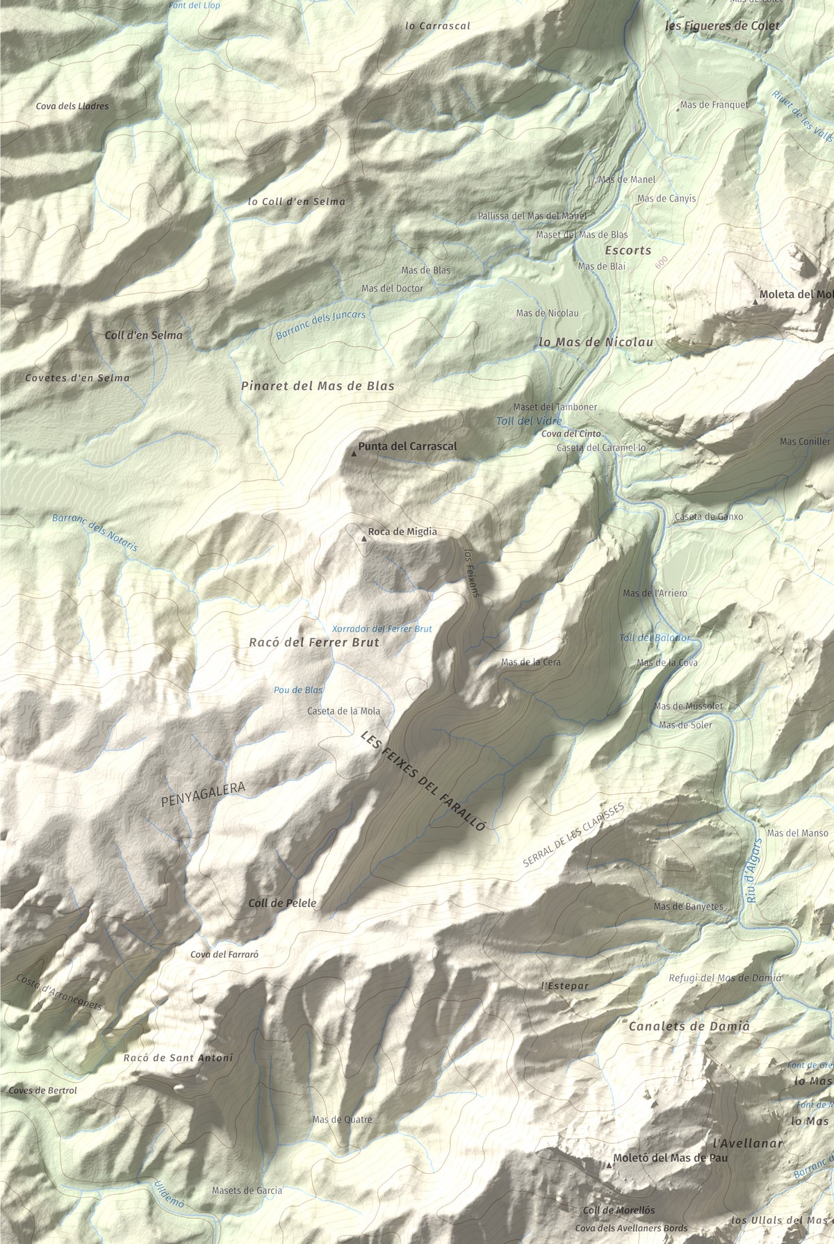 Mapa de relieve de lo Blau (Roca Grossa Moletans), 841 m, Terra Alta, lámina 100 Cims de Trobart. Detalle de la zona inferior izquierda. 61 × 91 cm.