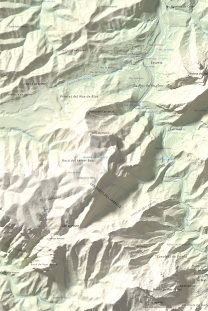 Mapa de relieve de lo Blau (Roca Grossa Moletans), 841 m, Terra Alta, lámina 100 Cims de Trobart. Detalle de la zona inferior izquierda. 61 × 91 cm.